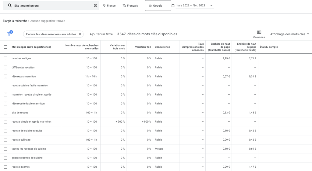idees de mots-cles trouvees par google ads