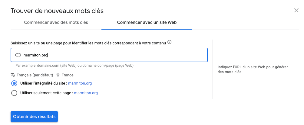 comment trouver les mots-cles d'un site avec l'outil de planification de google ads