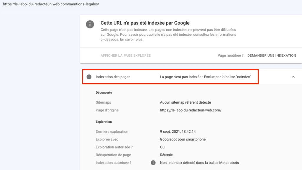 on peut verifier que la balise no index est bien presente sur une page via la google search console