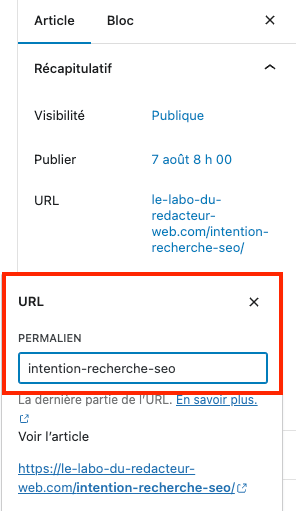 on peut changer le lien d'une page ou d'un article directement dans les reglages