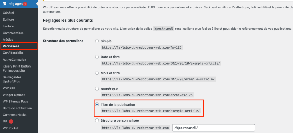 modifier une url dans l'onglet permaliens de wordpress