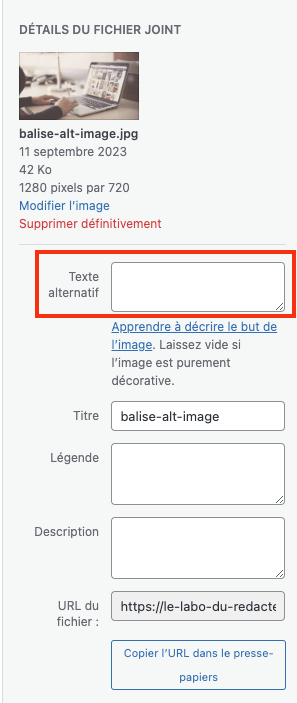 comment completer le texte alternatif d'une image sur le cms wordpress