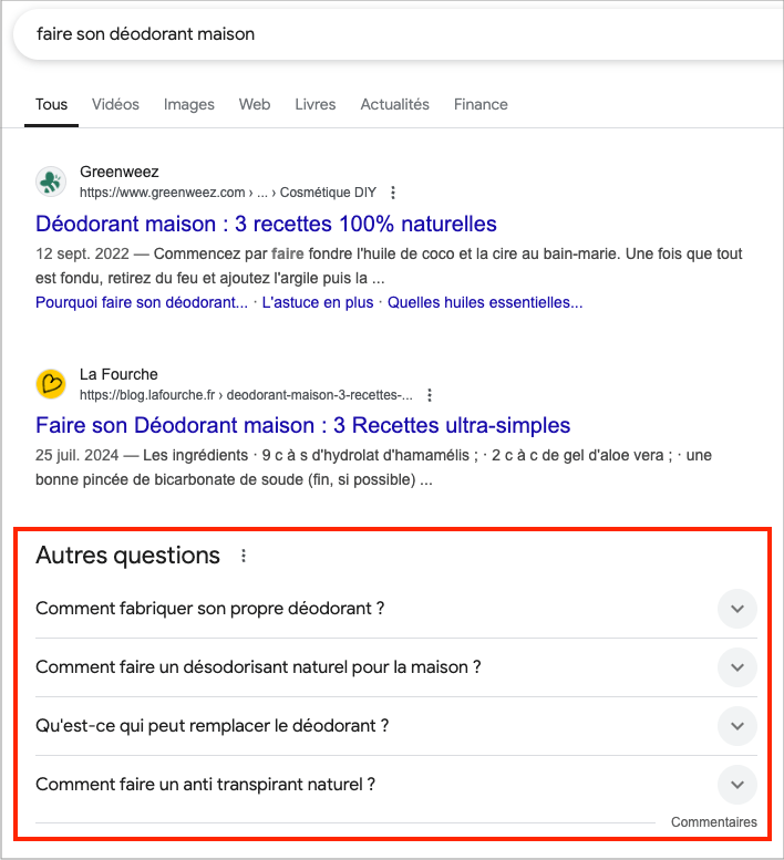 trouver des mots-cles pour developper son referencement naturel grace au bloc autres questions